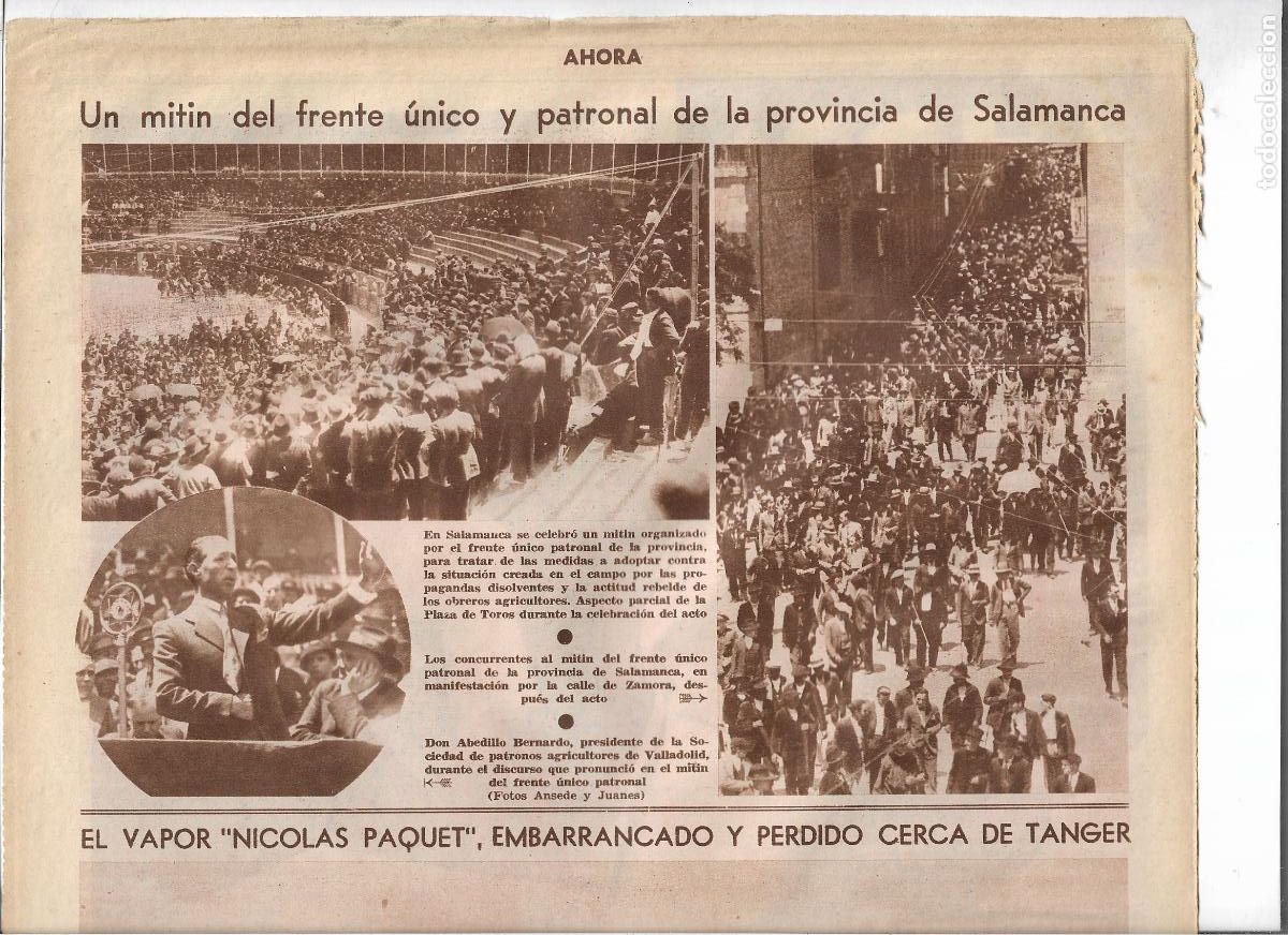 Coleccionismo: A&Ntilde;O 1933 RECORTE PRENSA SALAMANCA MITIN DEL FRENTE UNICO Y PATRONAL ABELILLO BERNARDO AGRICULTURA