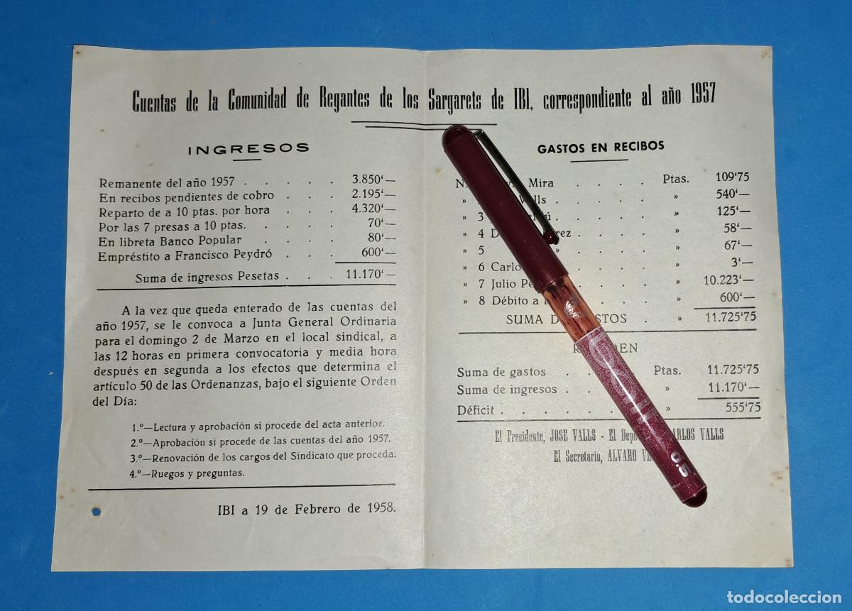 Coleccionismo: IBI ( Alicante ) - A&Ntilde;O 1957 - CUENTAS COMUNIDAD DE REGANTES SARGARETS