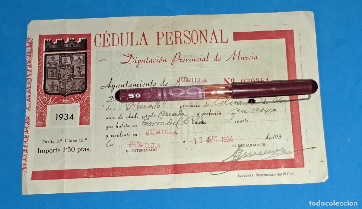 Coleccionismo: JUMILLA ( Murcia ) - A&Ntilde;O 1934 - C&Eacute;DULA PERSONAL - AYUNTAMIENTO DE JUMILLA
