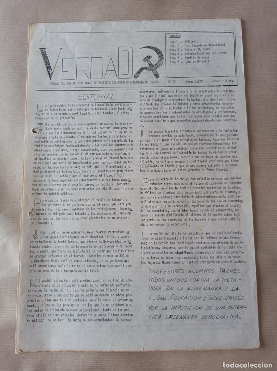 Coleccionismo: DOCUMENTO INFORMATIVO 1972 VERDAD N&ordm; 13 COMIT&Eacute; PROVINCIAL VALENCIA DEL PARTIDO COMUNISTA DE ESPA&Ntilde;A