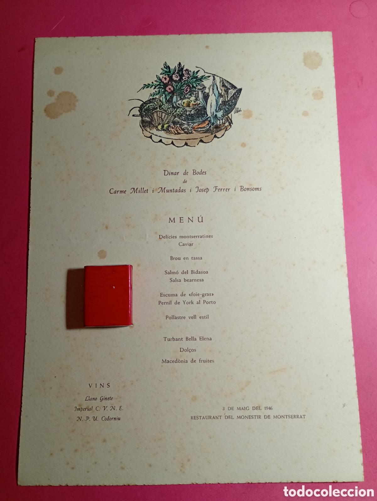 Coleccionismo: montserrat restaurant del monestir dinar de bodes carme..... i josep...... 3/5 1946 JA EN CATAL&Agrave;!!!
