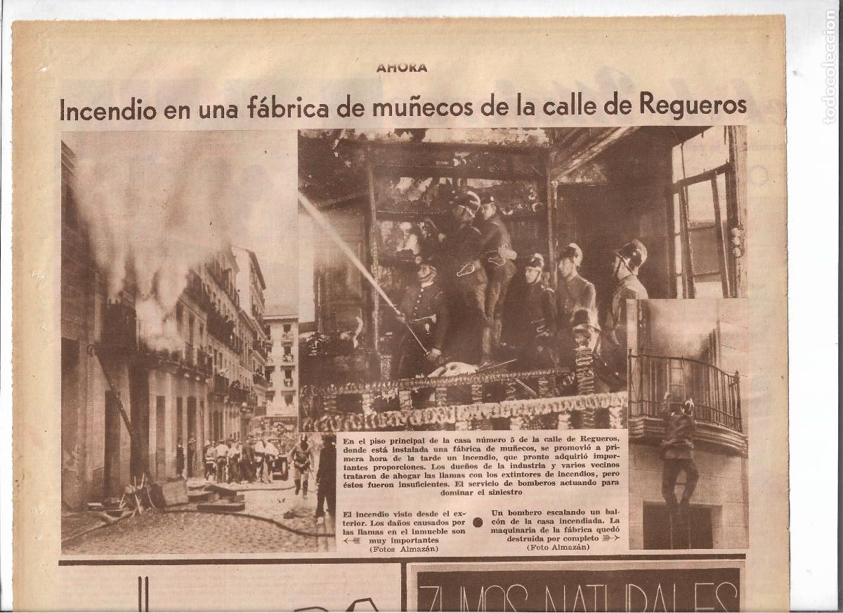 Coleccionismo: A&Ntilde;O 1933 RECORTE PRENSA INCENDIO FABRICA MU&Ntilde;ECOS CALLE REGUEROS ACTUACION DE LOS BOMBEROS