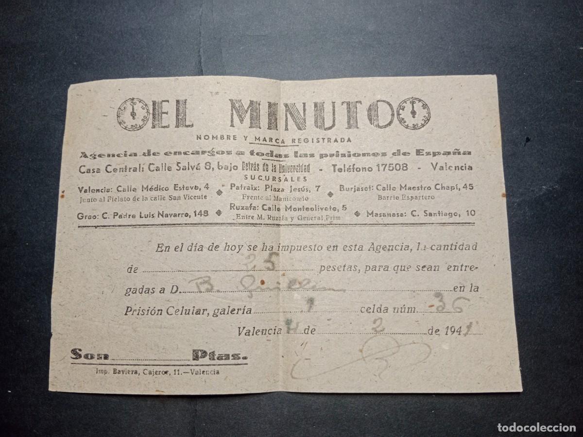 Coleccionismo: AGENCIA DE ENCARGOS PRISIONES DE ESPA&Ntilde;A EL MINUTO - BOLETIN DEPOSITO - CARCEL MODELO VALENCIA 1941
