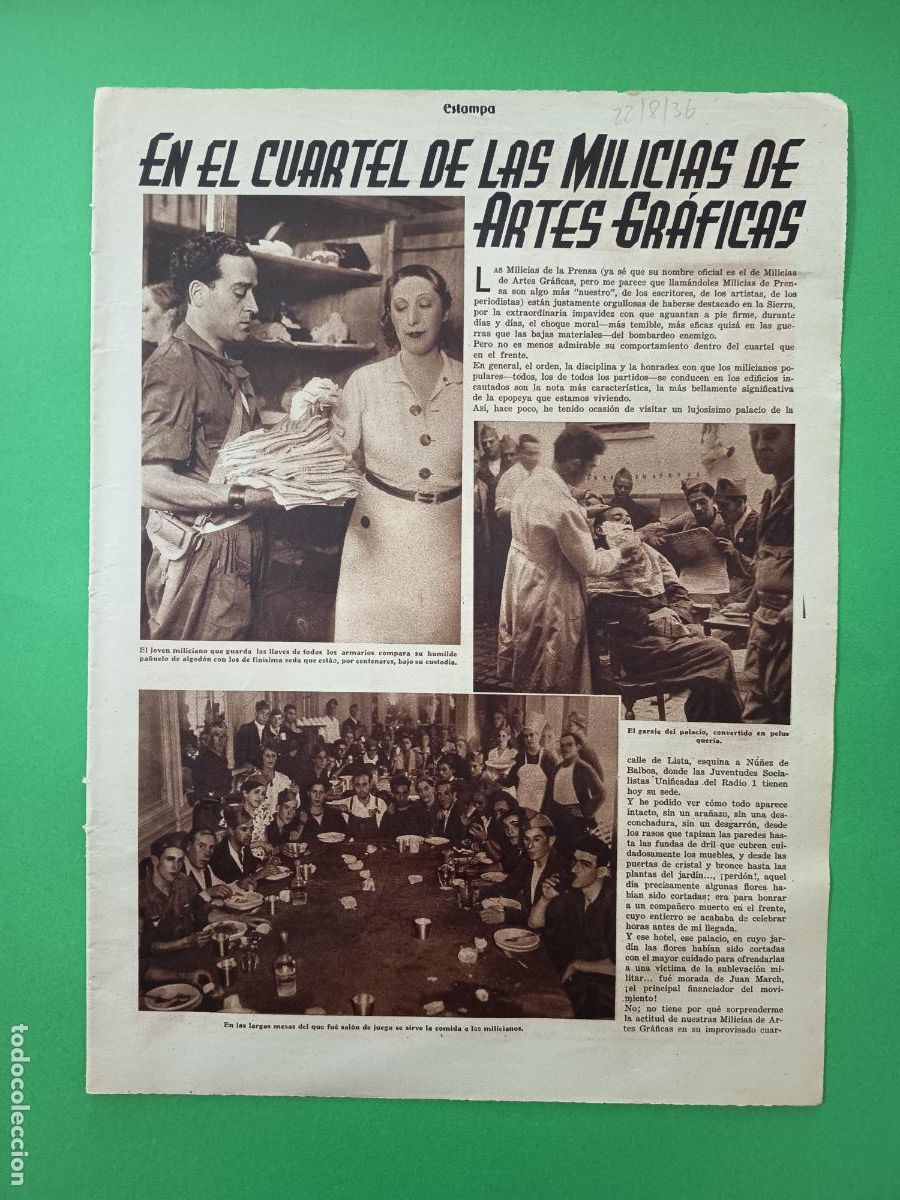 Coleccionismo: CUARTEL DE LAS MILICIAS DE ARTES GRAFICAS - 22/08/1936