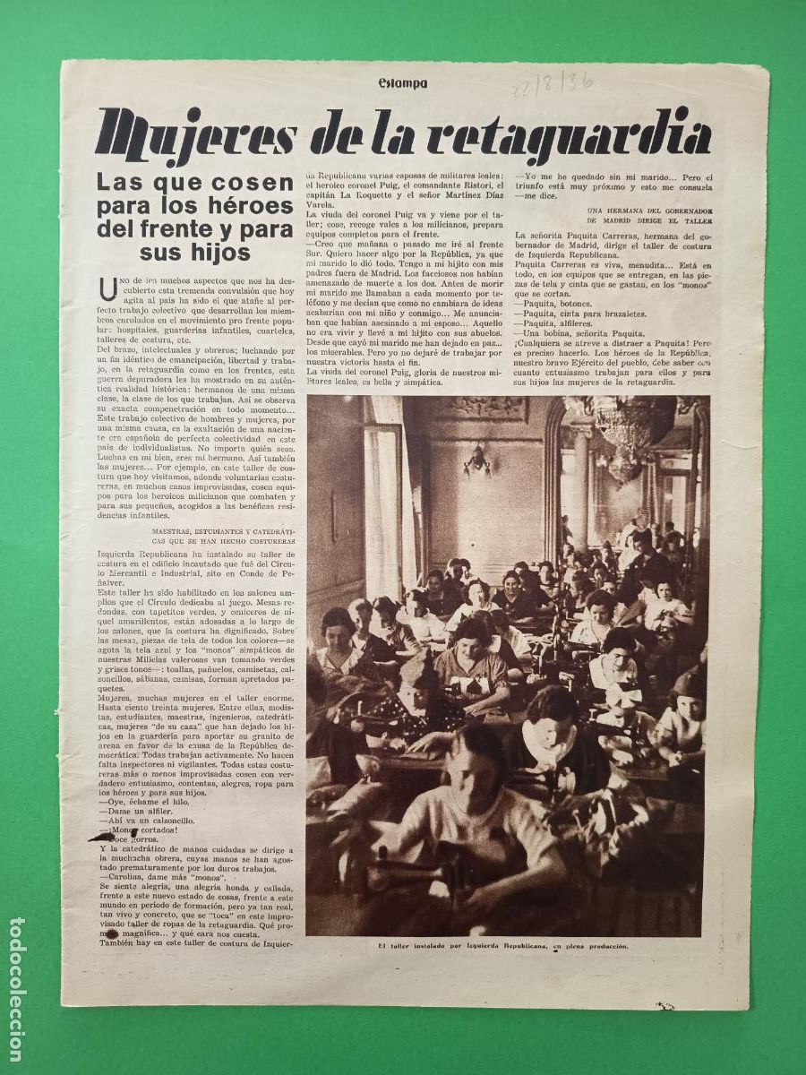 Coleccionismo: MUJERES REPUBLICANAS EN LA RETAGUARDIA - 22/08/1936