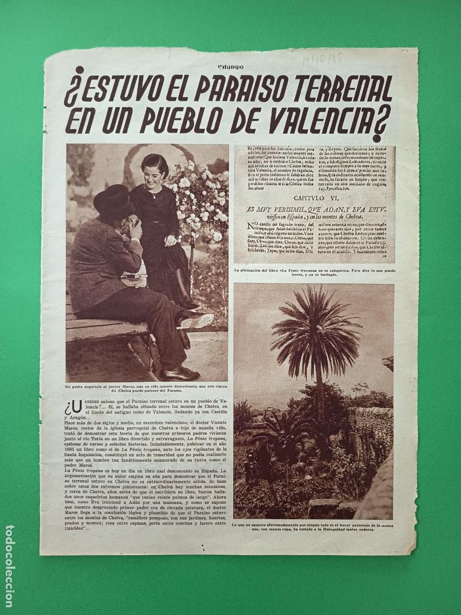 Coleccionismo: CHELVA UN PUEBLO DE VALENCIA EL PARAISO LIBRO LA FENIX TROYANA - 19/10/1935