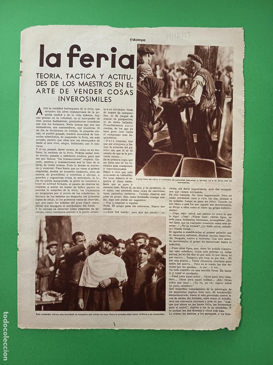 Coleccionismo: LA FERIA TEORICA TACTICA Y ACTITUDES DE LOS MAESTROS EN VENDER COSAS INVEROSIMILES - 19/10/1935