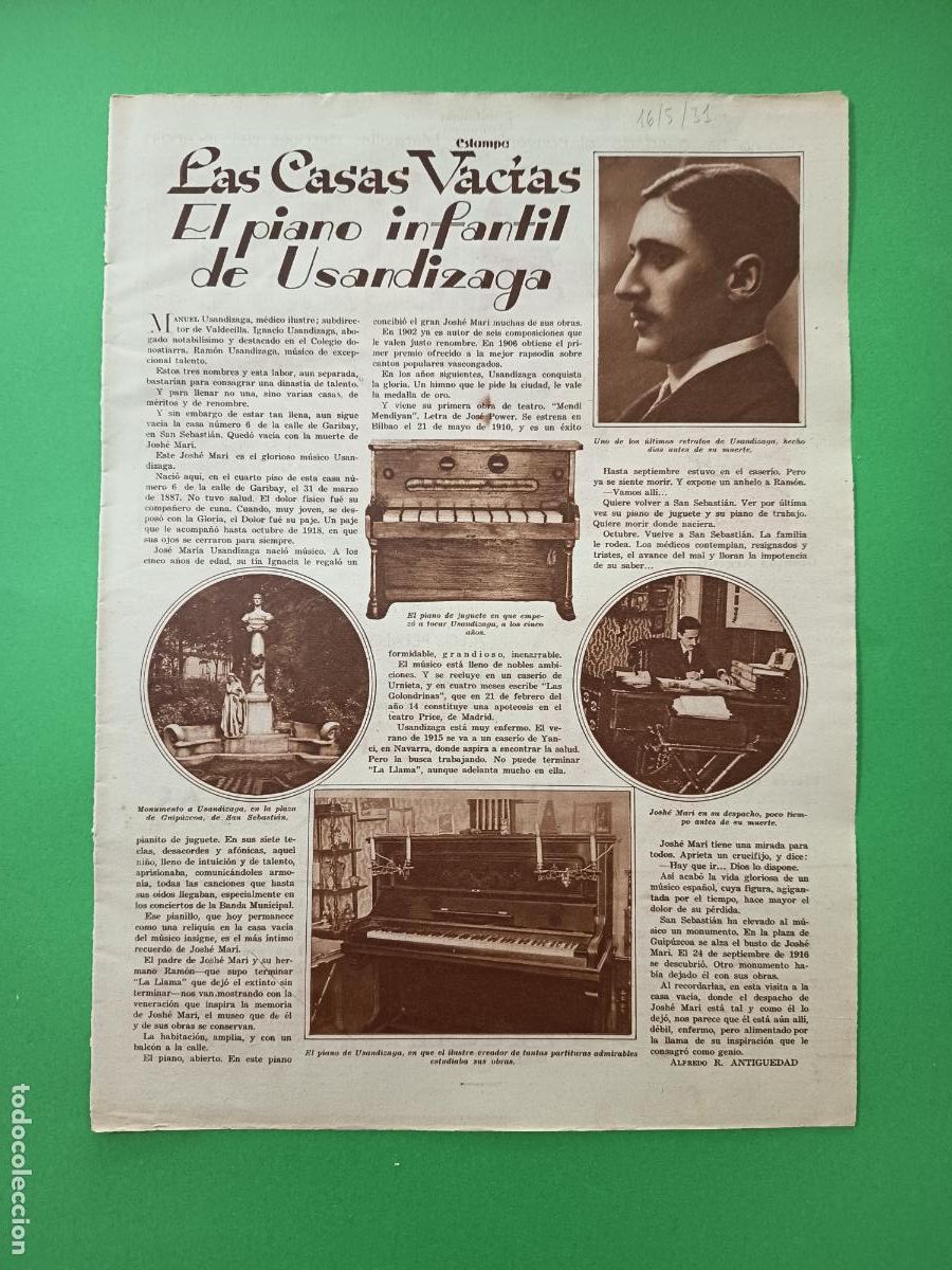 Coleccionismo: EL PIANO INFANTIL DE USANDIZAGA - SERIE JUGO DE ROSAS DE FLORALIA - 16/05/1931