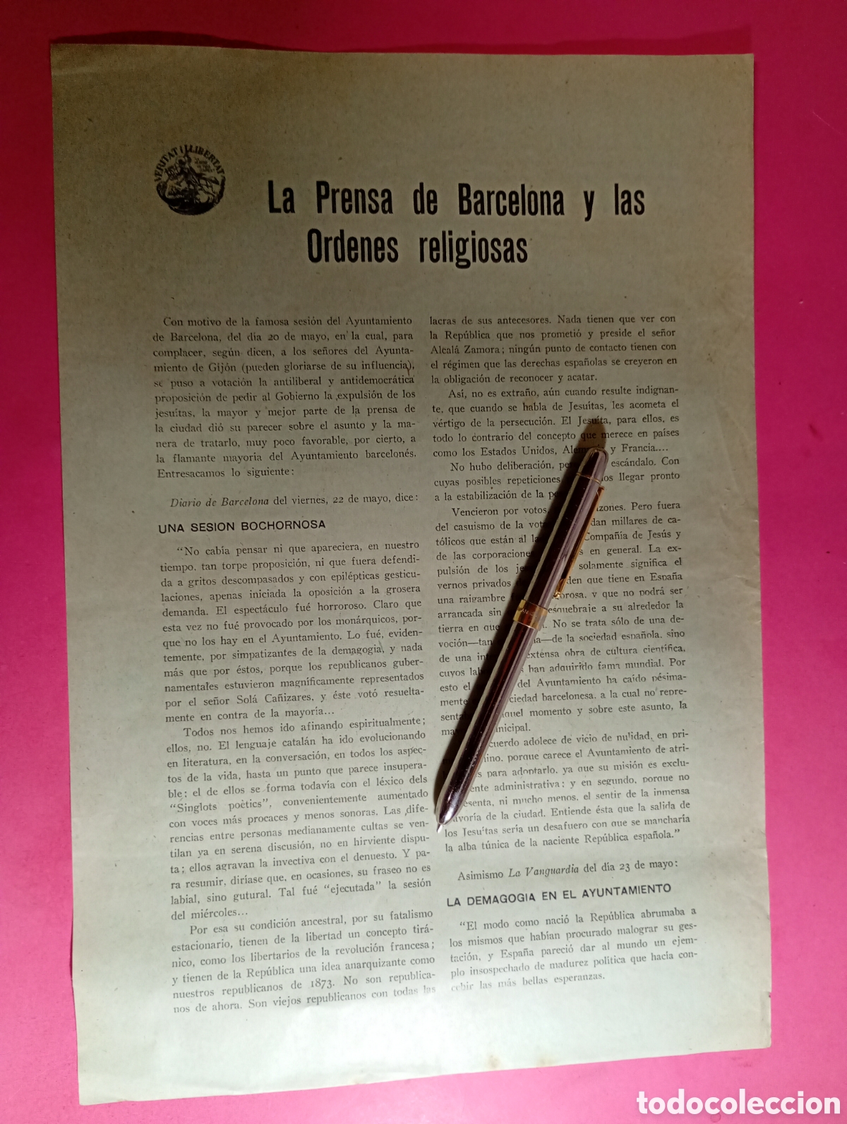 Coleccionismo: VERITAT I LLIBERTAT la veritat us fara lliures LA PRENSA DE BARCELONA Y LAS ORDENES RELIGIOSAS