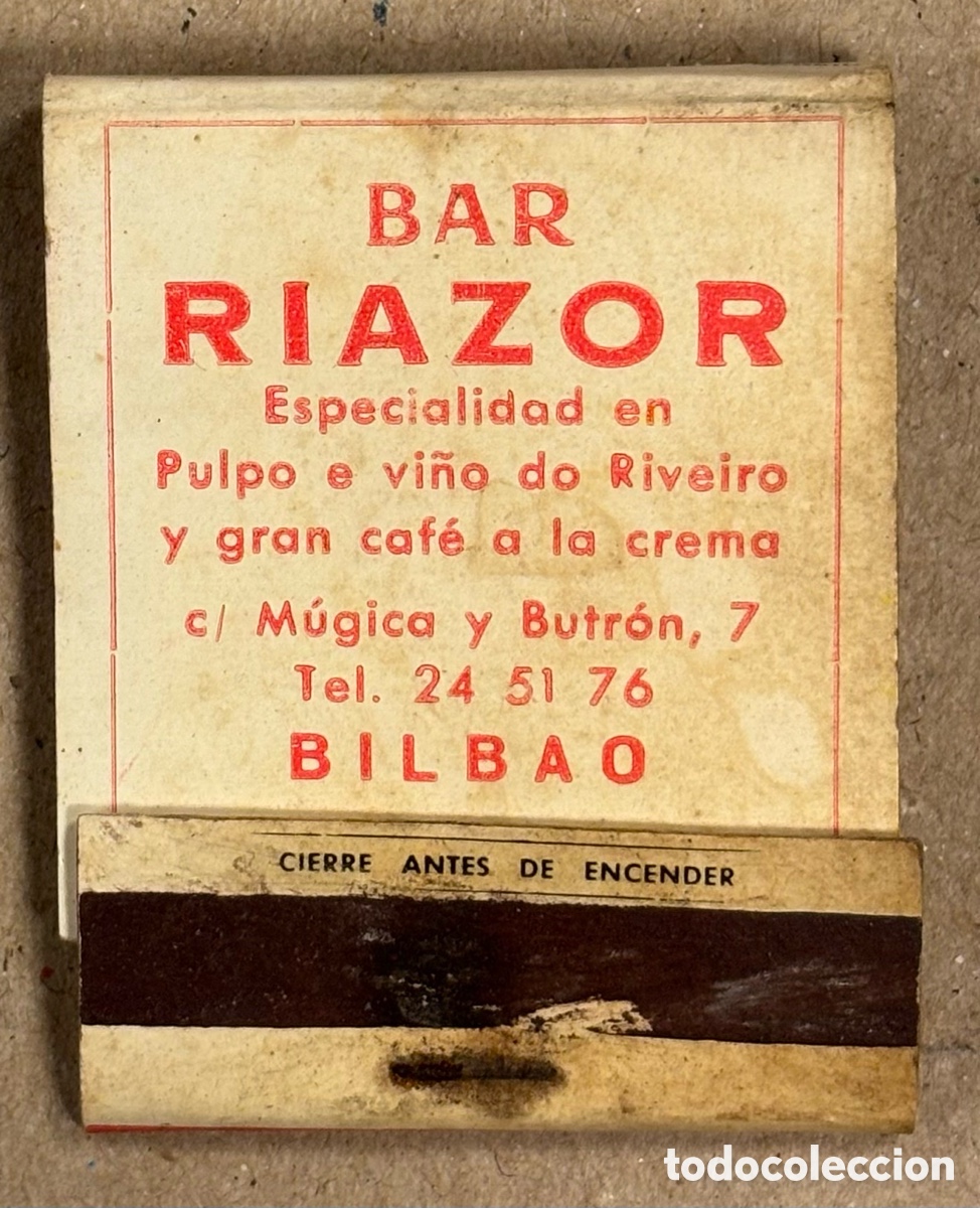 Coleccionismo: BAR RIAZOR (BILBAO). ANTIGUA CAJETILLA DE CERILLAS PUBLICITARIA. CO&Ntilde;AC VALDESPINO.