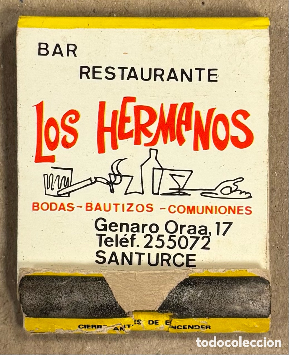 Coleccionismo: BAR RESTAURANTE LOS HERMANOS Y VINOS Y LICORES LA GLORIA DE LA RIOJA (SANTURCE). CAJETILLA CERILLAS