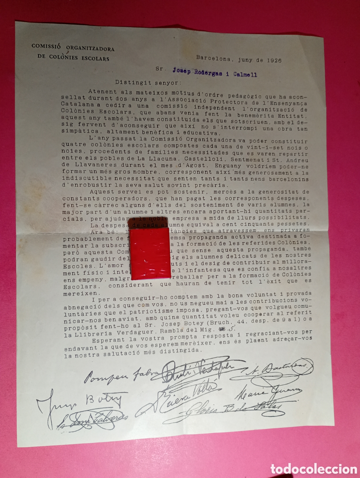 Coleccionismo: Carta Col&ograve;nies Escolars Barcelona 1926 - Pompeu Fabra, Bastardas, Gl&ograve;ria Bulbena i altres