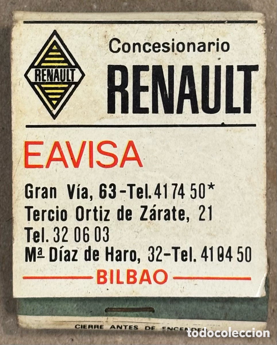 Coleccionismo: CONCESIONARIO RENAULT EAVISA (BILBAO). ANTIGUA CAJETILLA DE CERILLAS PUBLICITARIA.