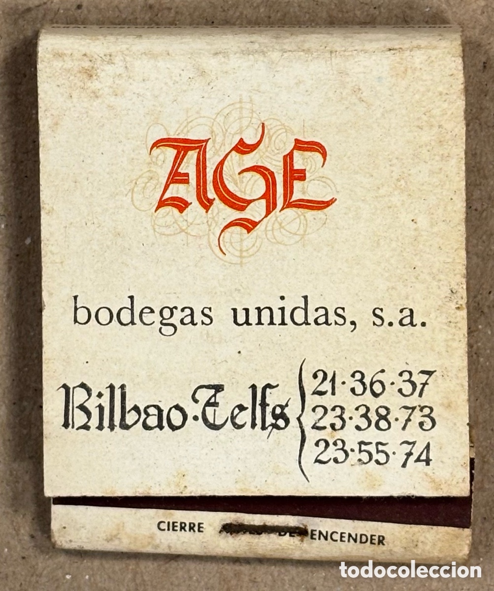 Coleccionismo: AGE BODEGAS UNIDAS S.A. (BILBAO). ANTIGUA CAJETILLA DE CERILLAS PUBLICITARIA.
