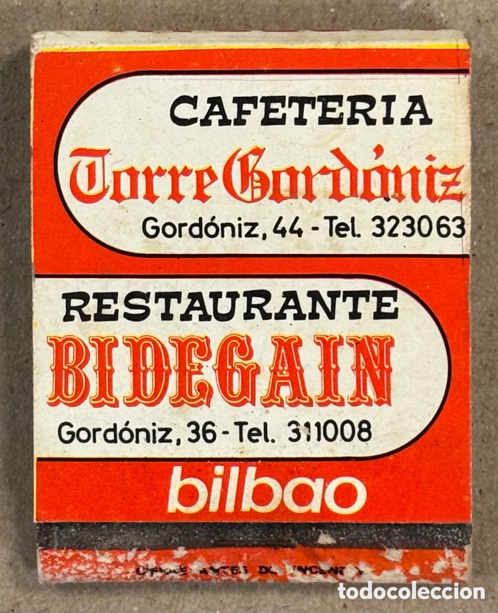 Coleccionismo: CAFETER&Iacute;A TORRE GORD&Oacute;NIZ Y RESTAURANTE BIDEGAIN (BILBAO). ANTIGUA CAJETILLA DE CERILLAS PUBLICITARIA