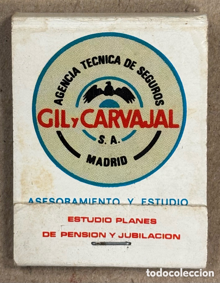 Coleccionismo: AGENCIA T&Eacute;CNICA DE SEGUROS GIL Y CARVAJAL (MADRID). ANTIGUA CAJETILLA DE CERILLAS PUBLICITARIA.