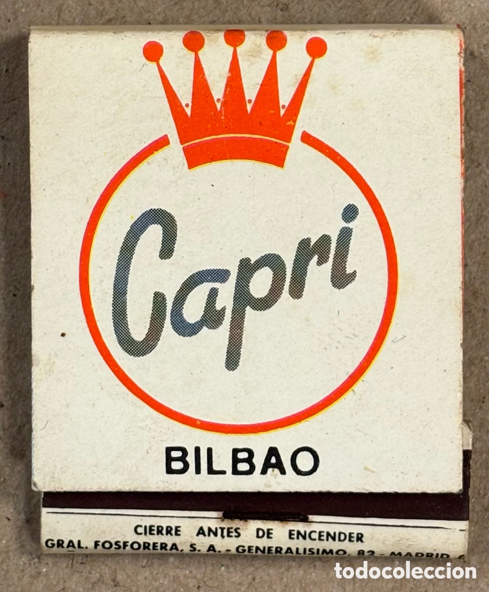 Coleccionismo: BAR CAFETER&Iacute;A CAPRI (BILBAO). ANTIGUA CAJETILLA DE CERILLAS PUBLICITARIA.