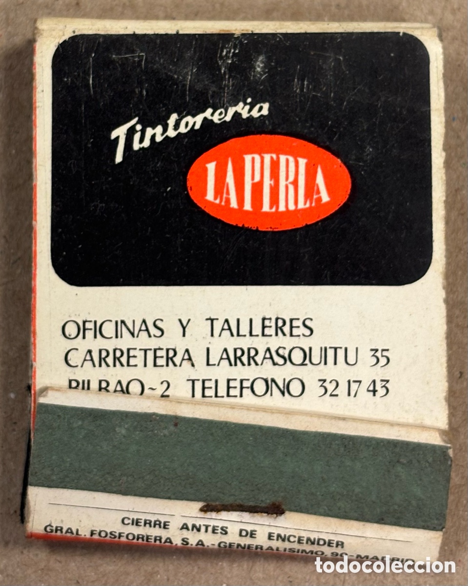 Colecionismo: TINTORER&Iacute;A LA PERLA (BILBAO). ANTIGUA CAJETILLA DE CERILLAS PUBLICITARIA.