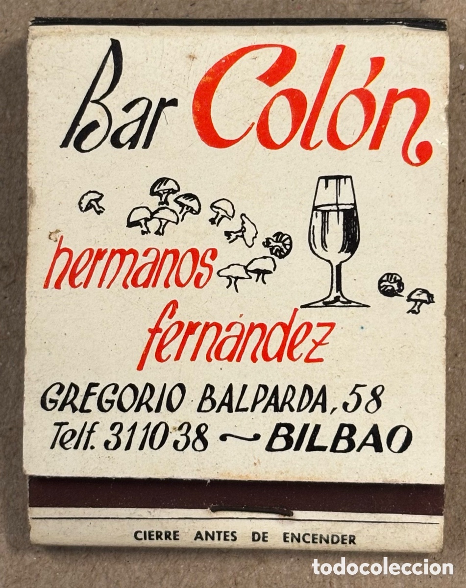 Coleccionismo: BAR COL&Oacute;N HERMANOS MART&Iacute;NEZ (BILBAO). ANTIGUA CAJETILLA DE CERILLAS PUBLICITARIA.