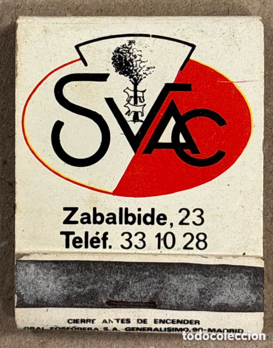 Coleccionismo: SVAC (BILBAO). ANTIGUA CAJETILLA DE CERILLAS PUBLICITARIA.