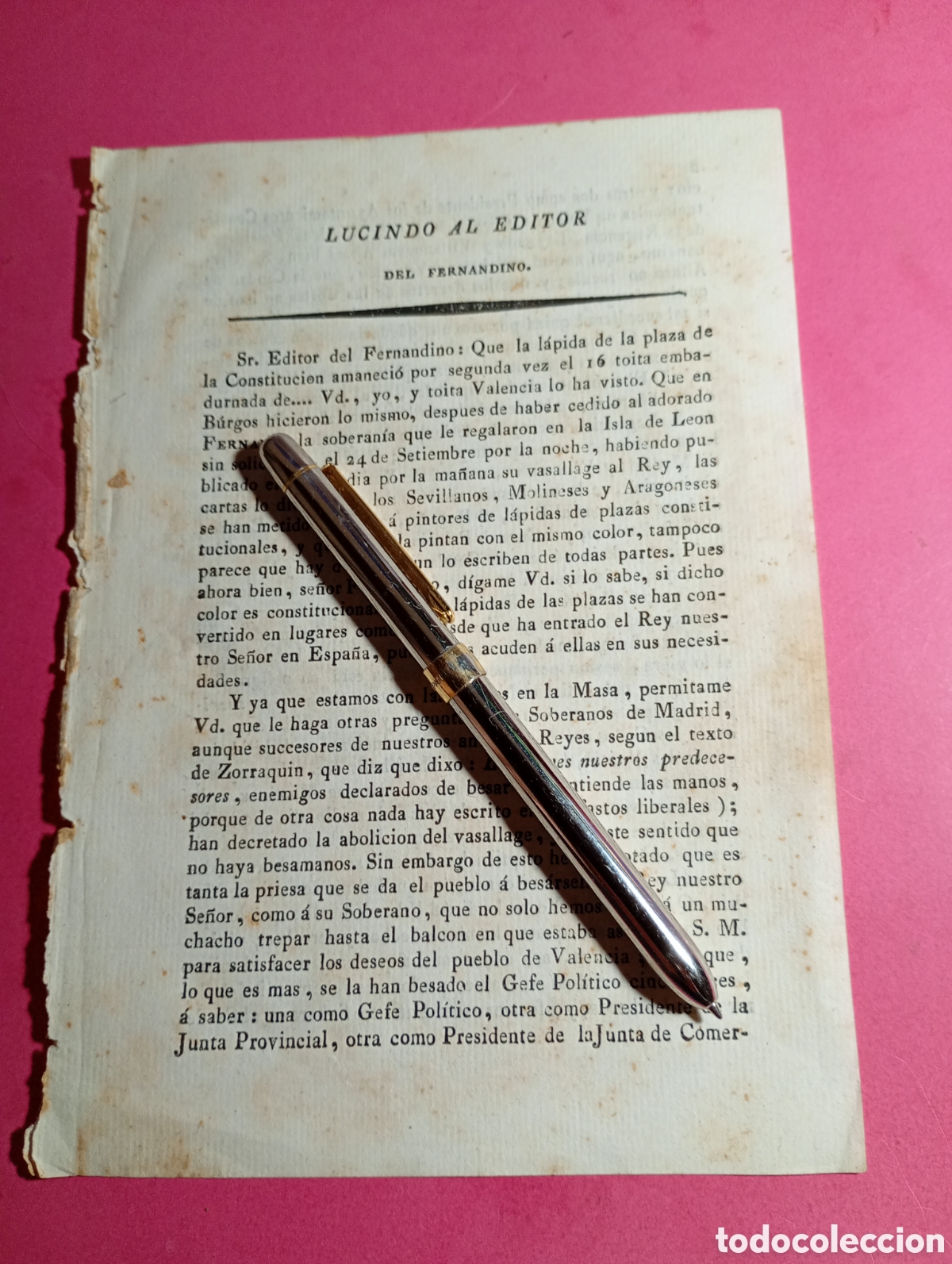 Collectionnisme: Trienio Liberal 1820 ca. Folleto Sat&iacute;rico: Lucindo al Fernandino. Imprenta Felipe Guasp, Mallorca.
