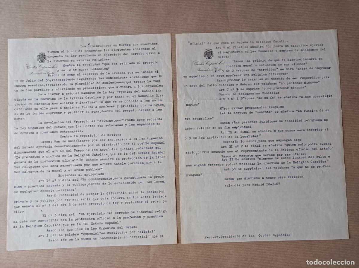 Coleccionismo: ENMIENDAS PRESENTADAS POR PROCURADOES EN CORTES AL PROYECTO DE LEY DE LA LIBERTAD RELIGIOSA 1967