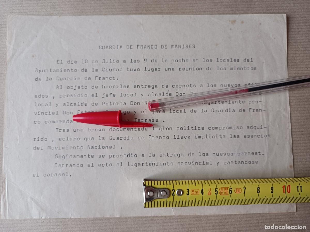 Coleccionismo: DOCUMENTO ENTREGA DE CARNETS A LOS MIEMBROS DE LA GUARDIA DE FRANCO EN MANISES (VALENCIA)