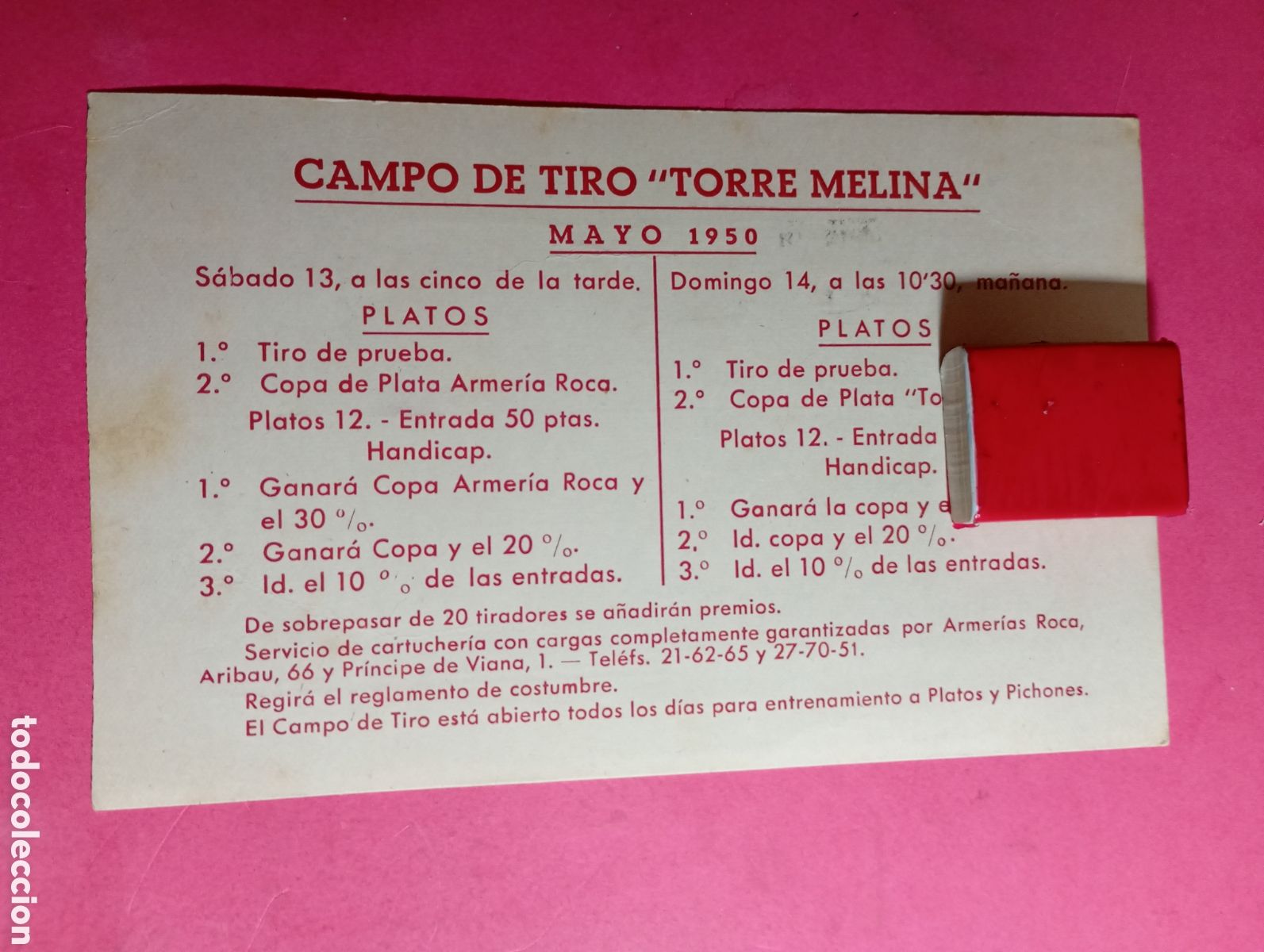 Coleccionismo: TORRE MELINA CAMPO DE TIRO MAYO 1950 TARJET&Oacute;N INFORMATIVO TIRADAS ENVIADO POR ARMERIAS MANUEL ROCA