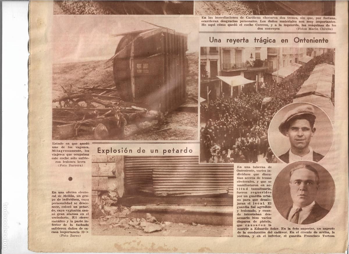 Coleccionismo: A&Ntilde;O 1933 RECORTE PRENSA ONTENIENTE REYERTA EN UNA TABERNA MUERTE EDUARDO SOLER
