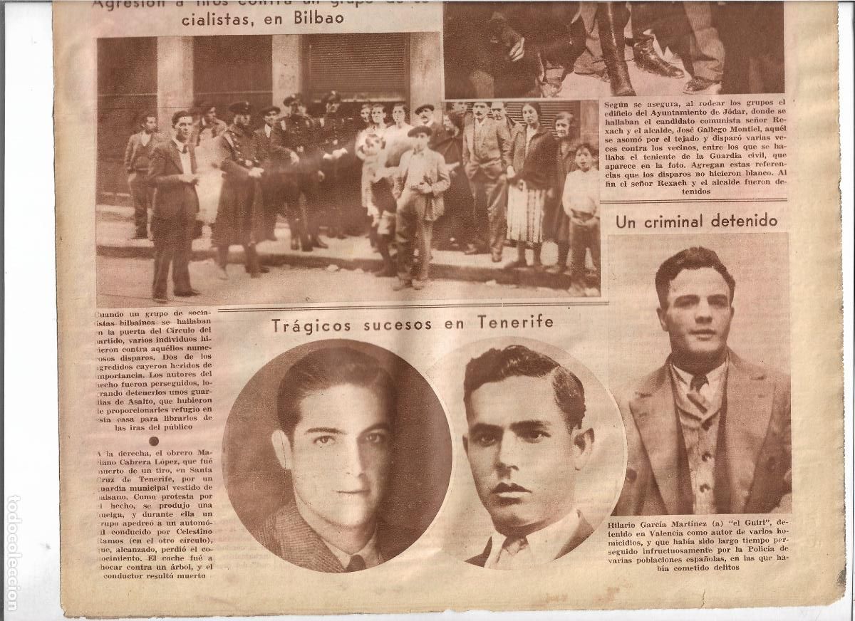 Coleccionismo: A&Ntilde;O 1933 RECORTE PRENSA DETENIDO EN VALENCIA CRIMINAL HILARIO GARCIA MARTINEZ EL GUIRI