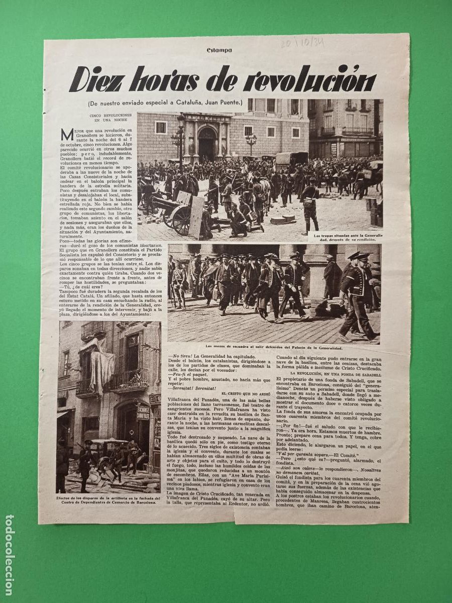 Coleccionismo: DIEZ HORAS DE REVOLUCI&Oacute;N BARCELONA GRANOLLERS VILAFRANCA DEL PENEDES SABADELL SITGES - 20/10/1934