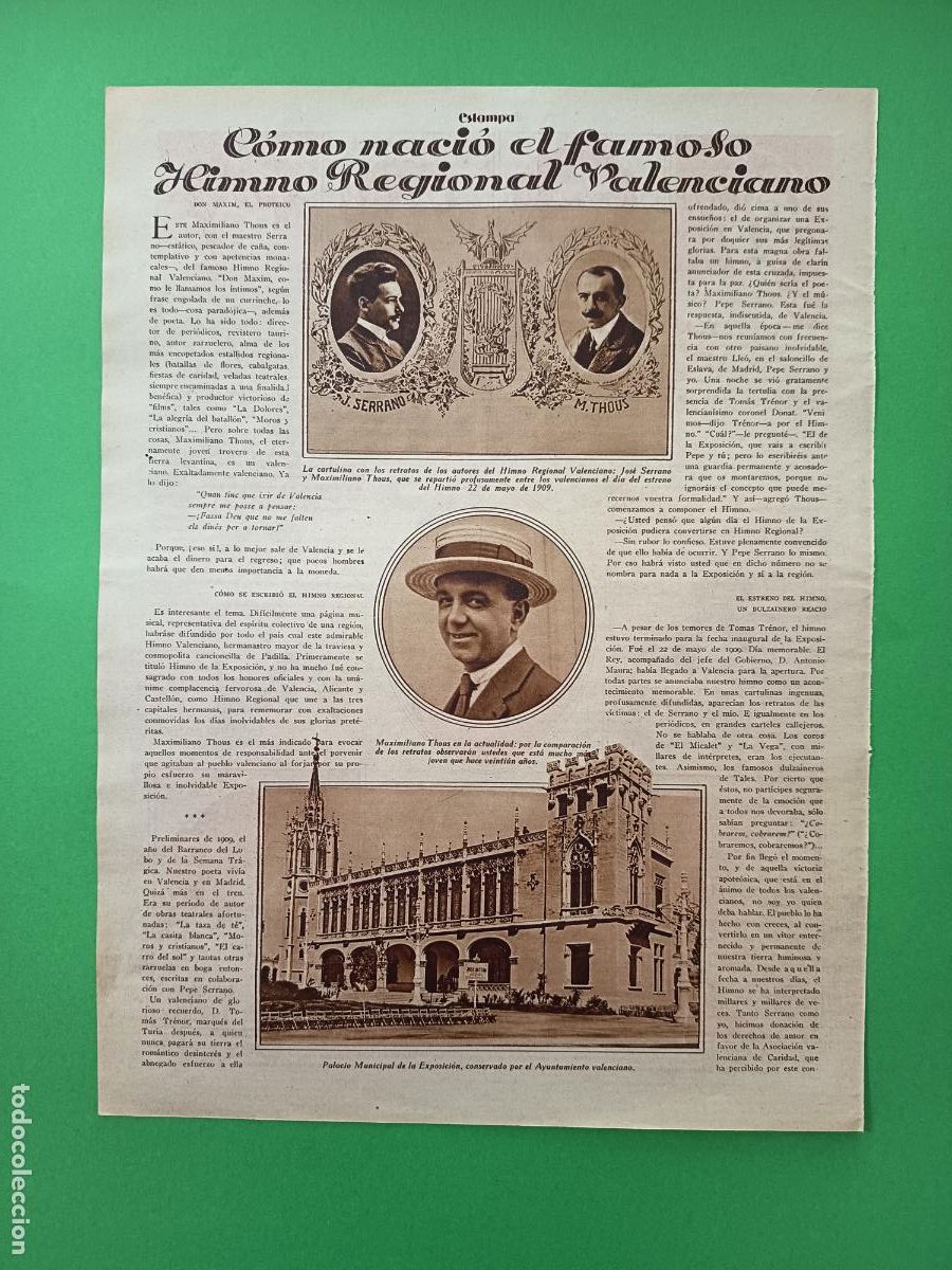 Coleccionismo: COMO NACI&Oacute; EL HIMNO REGIONAL VALENCIANO - 22/07/1930
