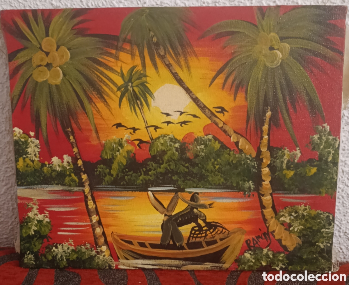 Coleccionismo: Cuadro original estilo Naif Dominicano - Atardecer y Pescador tropical