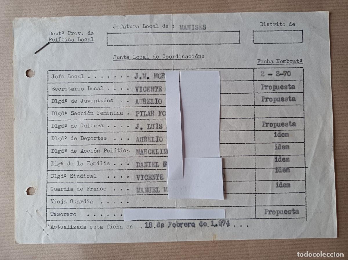 Coleccionismo: JUNTA LOCAL DE MANISES VALENCIA RELACI&Oacute;N COMPONENTES MOVIMIENTO FALANGE JUNTA COORDINACI&Oacute;N 1974
