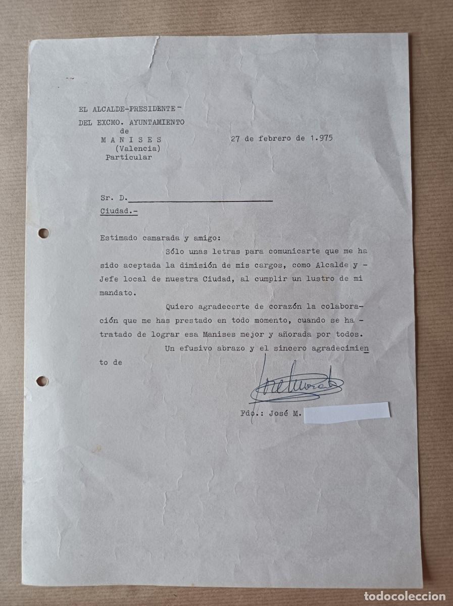 Coleccionismo: DIMISI&Oacute;N JEFE LOCAL DEL MOVIMIENTO Y ALCALDE DE MANISES VALENCIA 1975