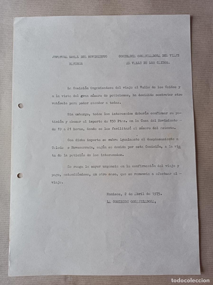 Coleccionismo: JEFATURA JEFE LOCAL DEL MOVIMIENTO INFORMANDO ASISTENCIA EN VEH&Iacute;CULO AL VALLE DE LOS CA&Iacute;DOS 1975