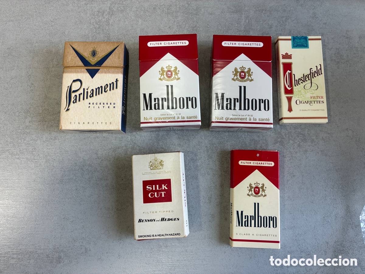 Colecionismo: 6 antiguos paquetes de tabaco Marlboro, parliament, silk cut, chesterfield Vacios
