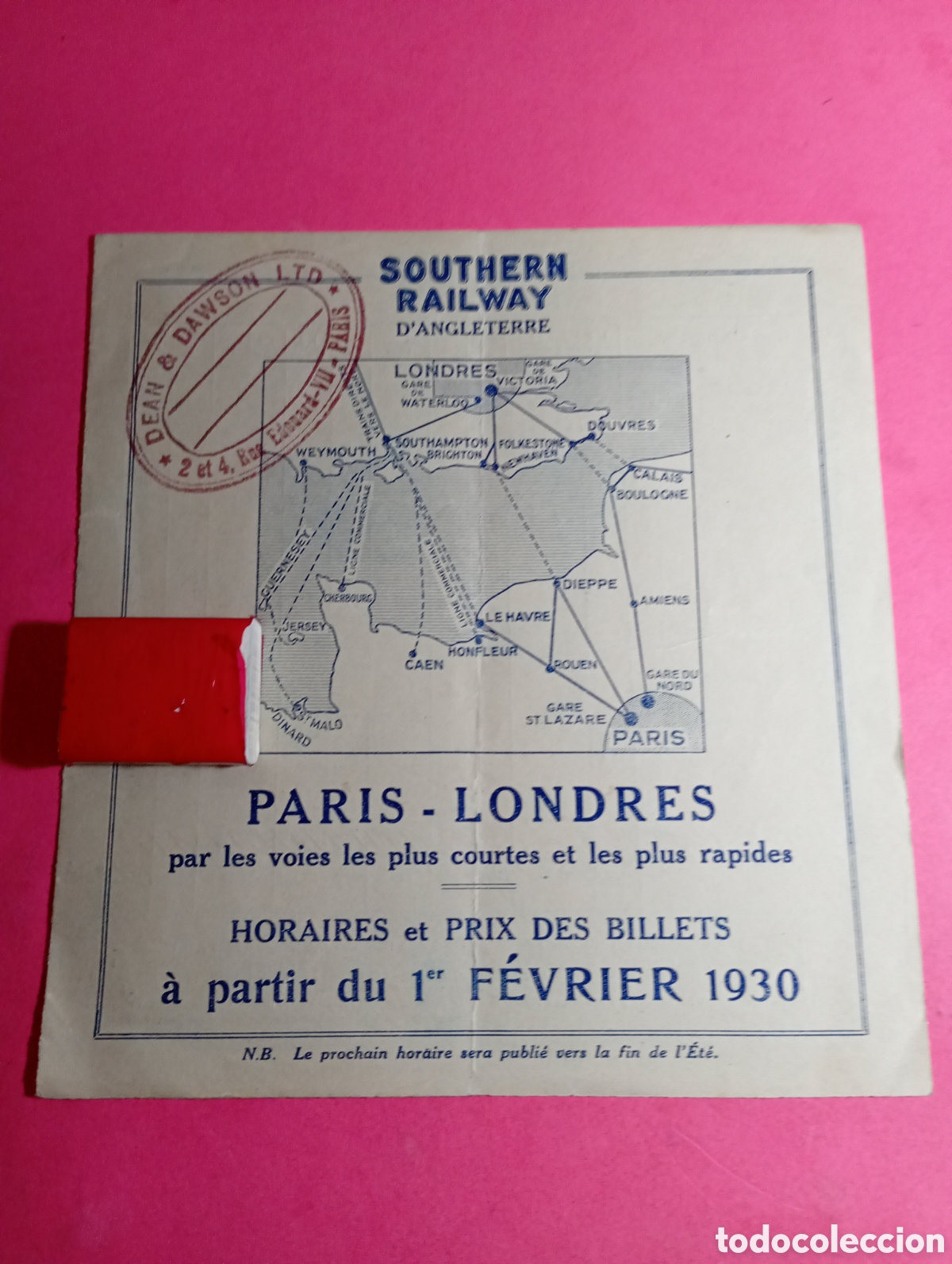 Coleccionismo: PARIS - LONDRES HORARIOS Y PRECIOS A PARTIR FEBRERO 1930 SOUTHERN RAILWAY D&acute;ANGLATERRE (en franc&eacute;s)