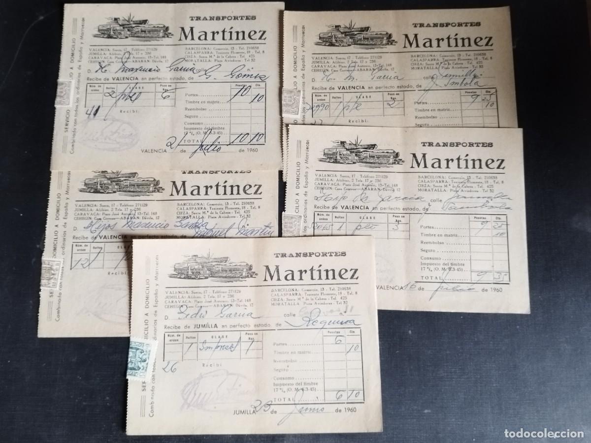Coleccionismo: 5 RECIBOS TRANSPORTES MARTINEZ, VALENCIA, BARCELONA, JUMILLA, CALASPARRA, CARAVACA.... 1960s