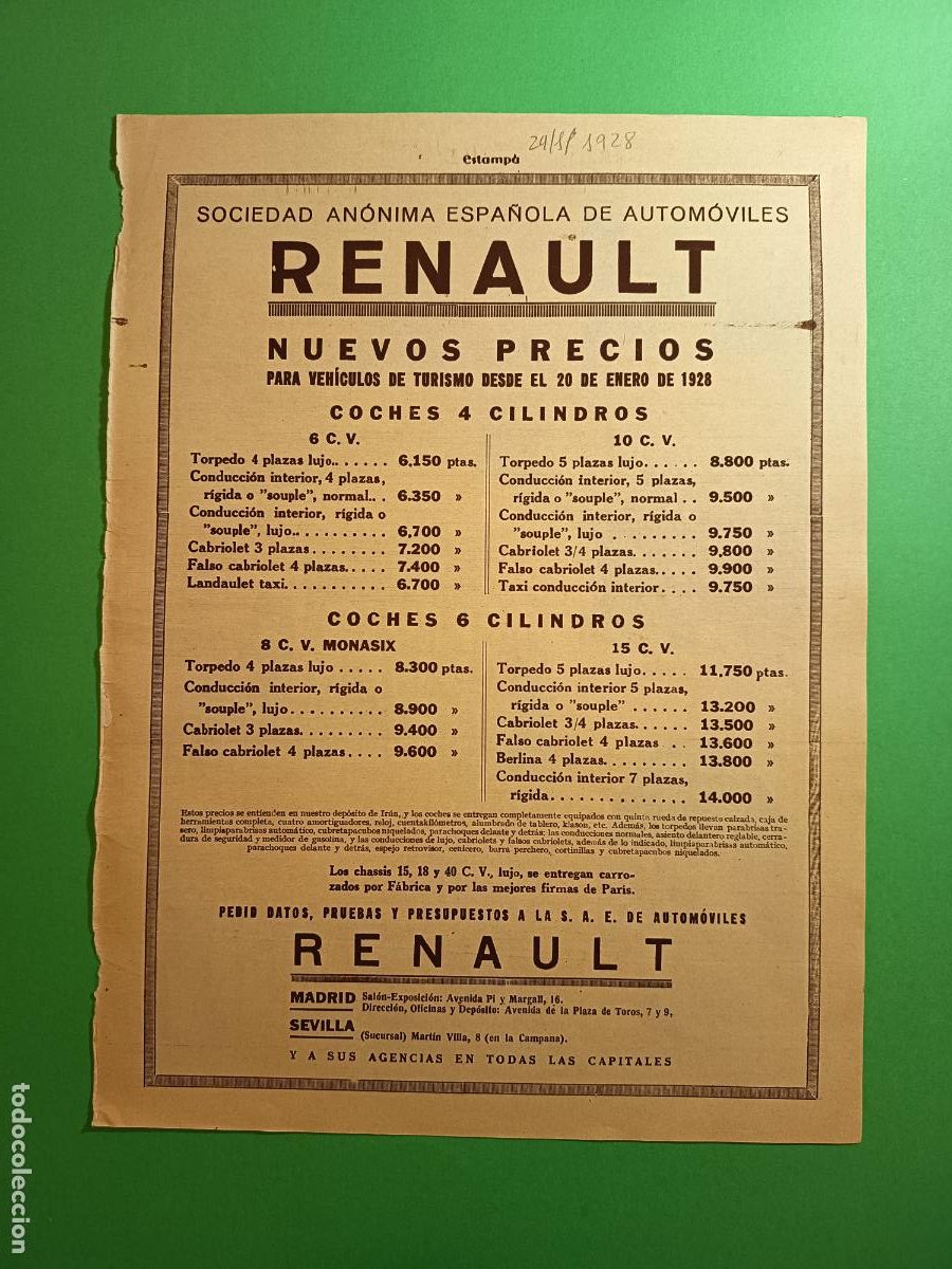 Coleccionismo: S.A. ESPA&Ntilde;OLA DE AUTOMOVILES RENAULT TARIFAS DE PRECIOS - NOTAS GRAFICAS - 24/01/1928