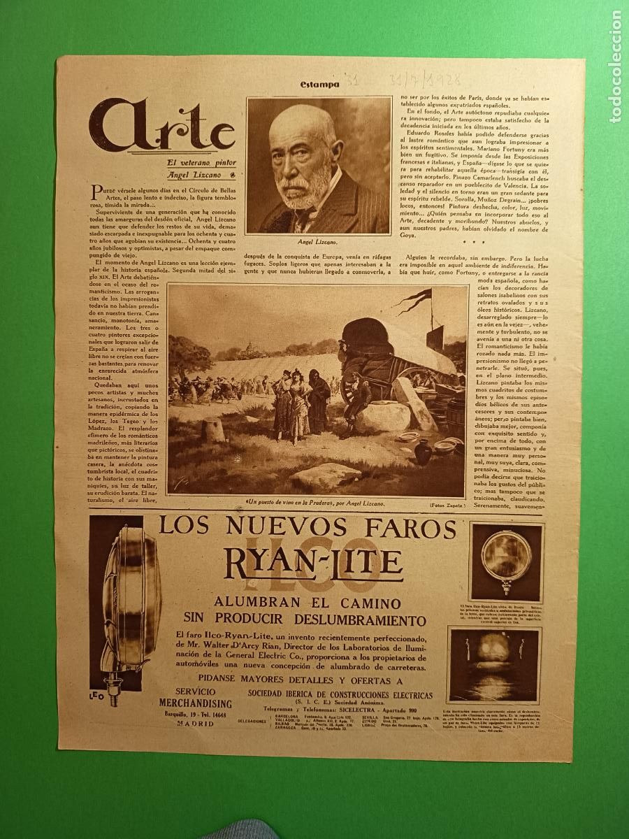 Coleccionismo: EL PINTOR ANGEL LIZCANO - NUEVOS FAROS PARA AUTOMOVILES RYAN LITE - 31/07/1928