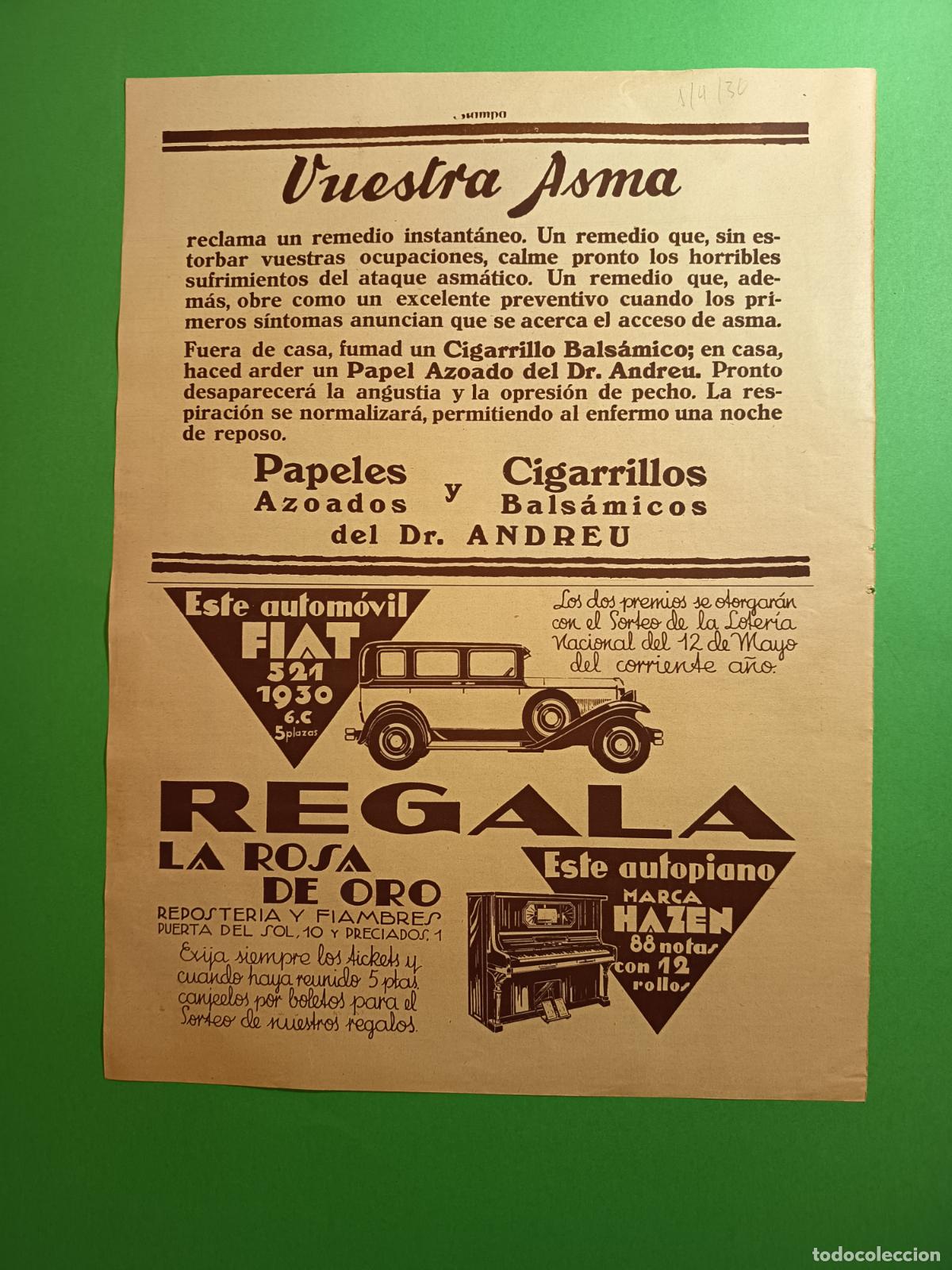 Coleccionismo: LA ROSA DE ORO REPOSTERIA Y FIAMBRES REGALA FIAT 521 O AUTOPIANO HAZEN - 01/04/1930
