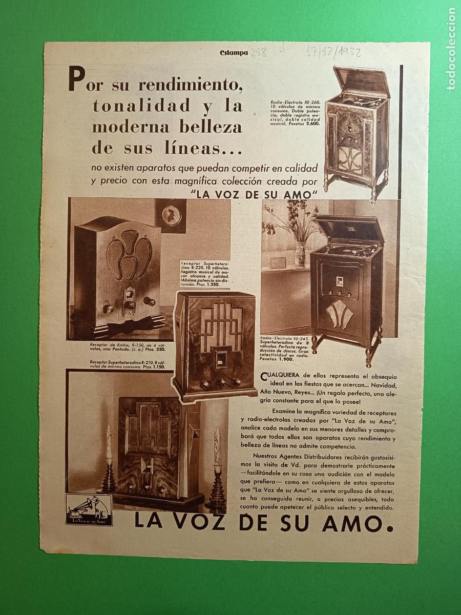 Coleccionismo: APARATOS DE RADIO LA VOZ DE SU AMO - 17/12/1932