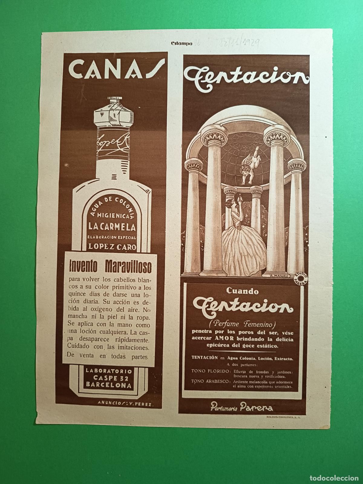 Coleccionismo: PERFUME TENTACION DE PARERA ILUSTRADO POR A. MANAU - AGUA DE COLONIA LA CARMELA - 12/11/1929