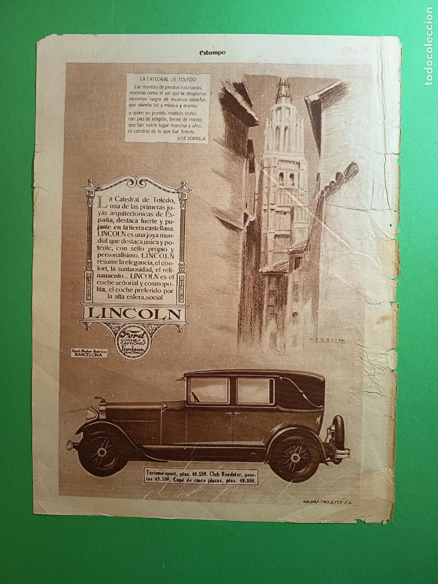 Coleccionismo: FORD MOTOR IBERICA LINCOLN PRECIOS 3 MODELOS CATEDRAL D TOLEDO ILUSTRADO POR MEZQUITA - 06/05/1930