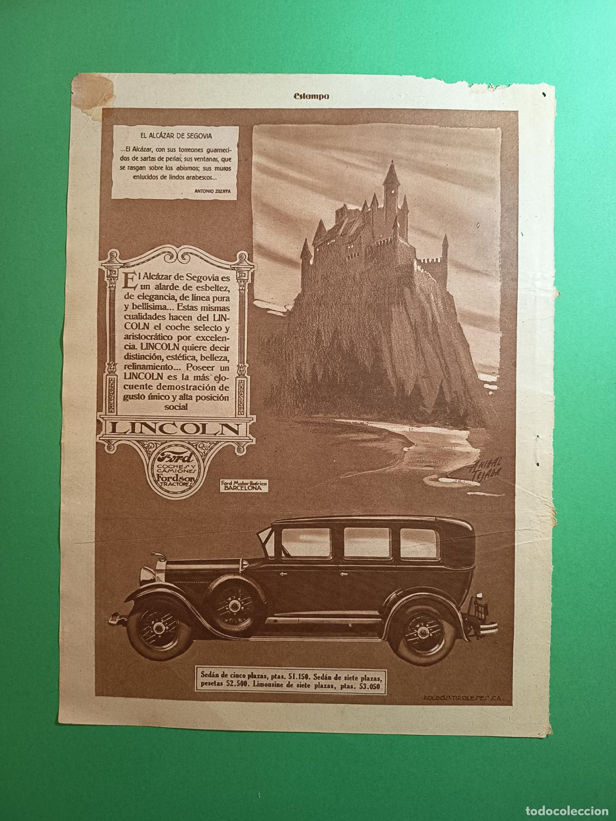 Coleccionismo: FORD MOTOR IBERICA LINCOLN PRECIOS 3 MODELOS ALCAZAR SEGOVIA ILUSTRADO POR ANIBAL TEJADA 08/04/1930