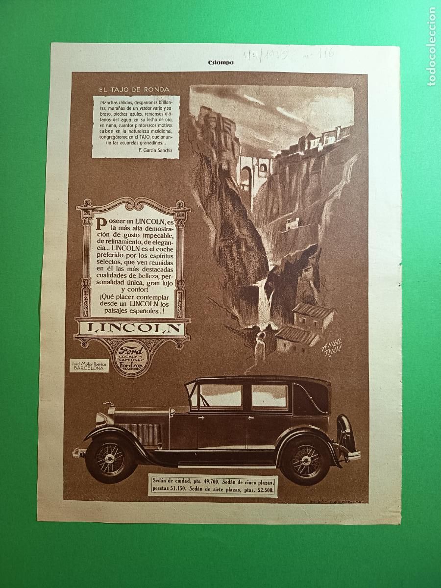 Coleccionismo: FORD LINCOLN MOTOR IBERICA EL TAJO DE RONDA ANIBAL TEJADA PRECIOS - 01/04/1930