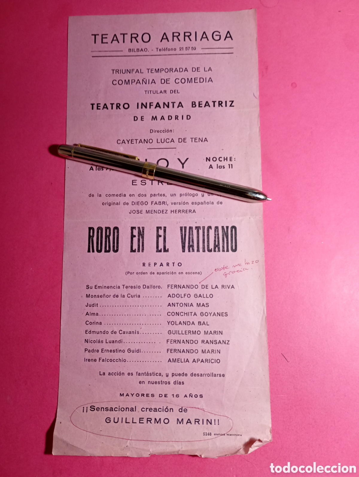 Coleccionismo: BILBAO TEATRO ARRIAGA 1964 circa ''ROBO EN EL VATICANO'' DE DIEGO FABRI GRAN TRABAJO GUILLERMO MAR&Iacute;N