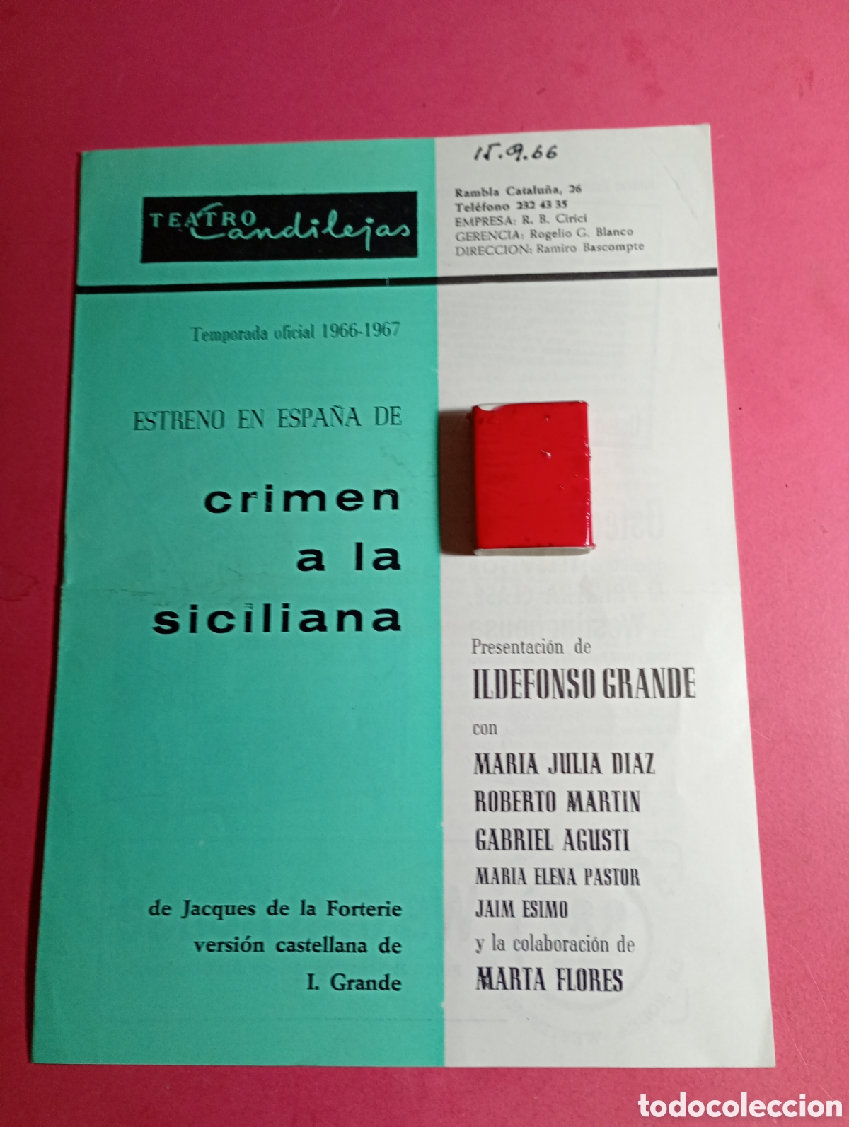 Coleccionismo: TEATRO CANDILEJAS ESTRENO EN ESPA&Ntilde;A ''CRIMEN A LA SICILIANA'' DE JACQUES DE LA FORTERIE 1966/67