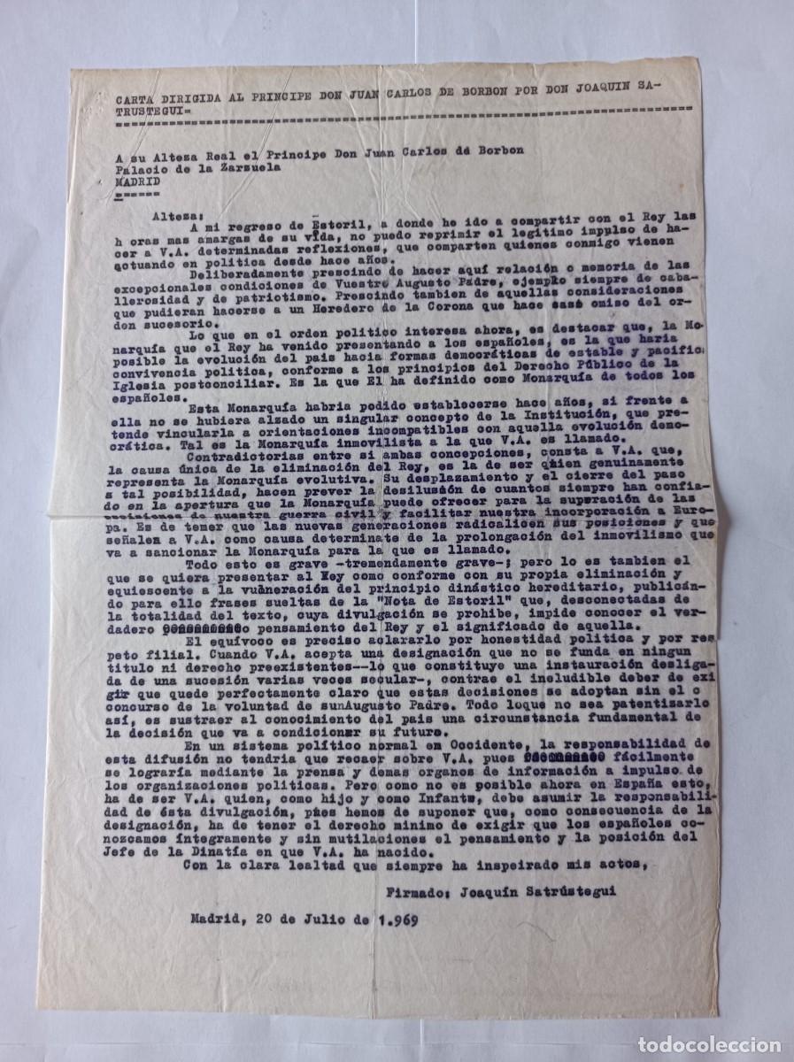 Coleccionismo: CARTA DIRIGIDA AL PR&Iacute;NCIPE D. JUAN CARLOS DE BORB&Oacute;N POR DON JOAQU&Iacute;N SATR&Uacute;STEGUI 1969